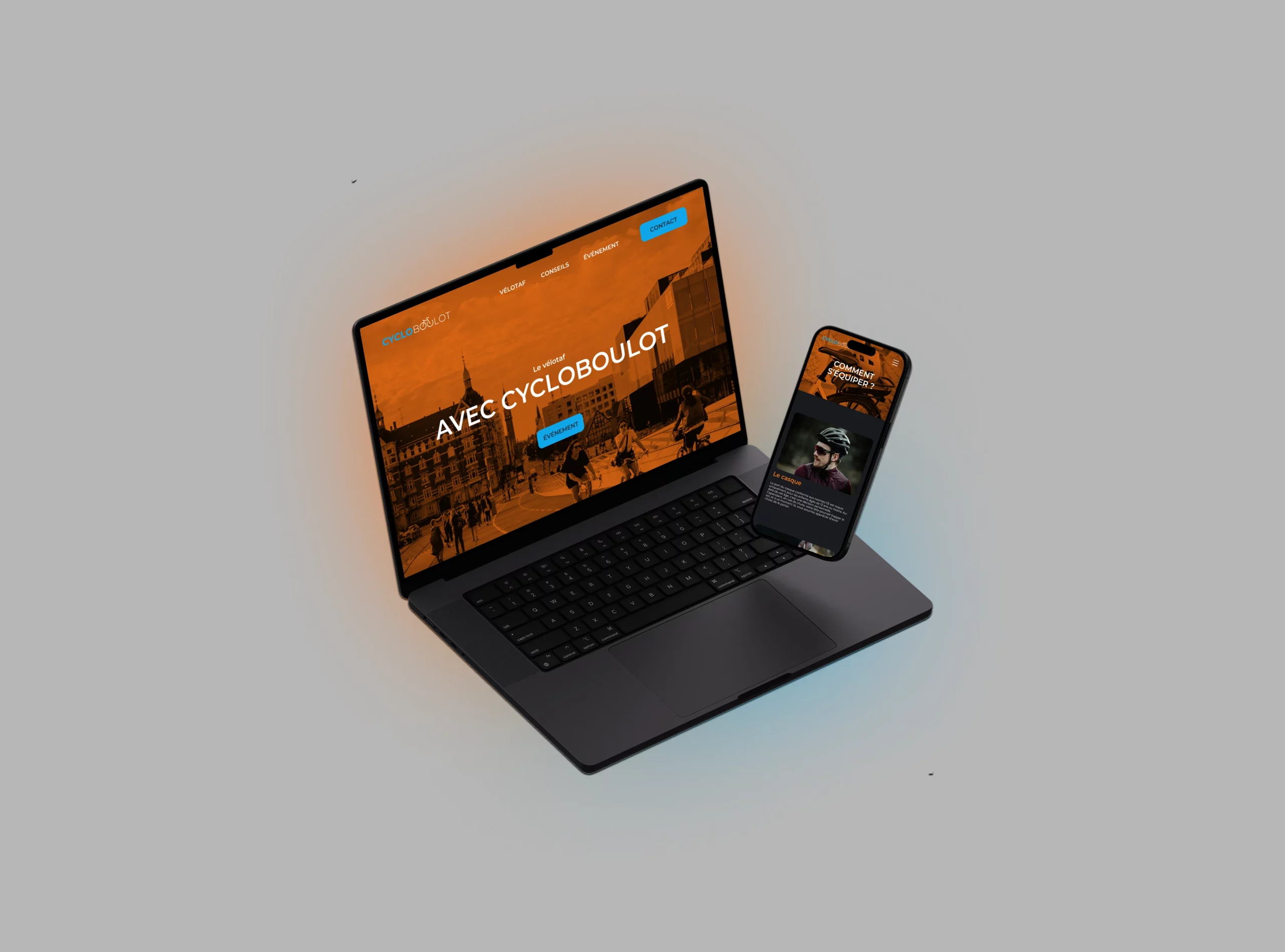 Aperçu du site Cycloboulot en versions desktop et mobile, conçu pour accompagner le vélotaf sur tous les écrans.