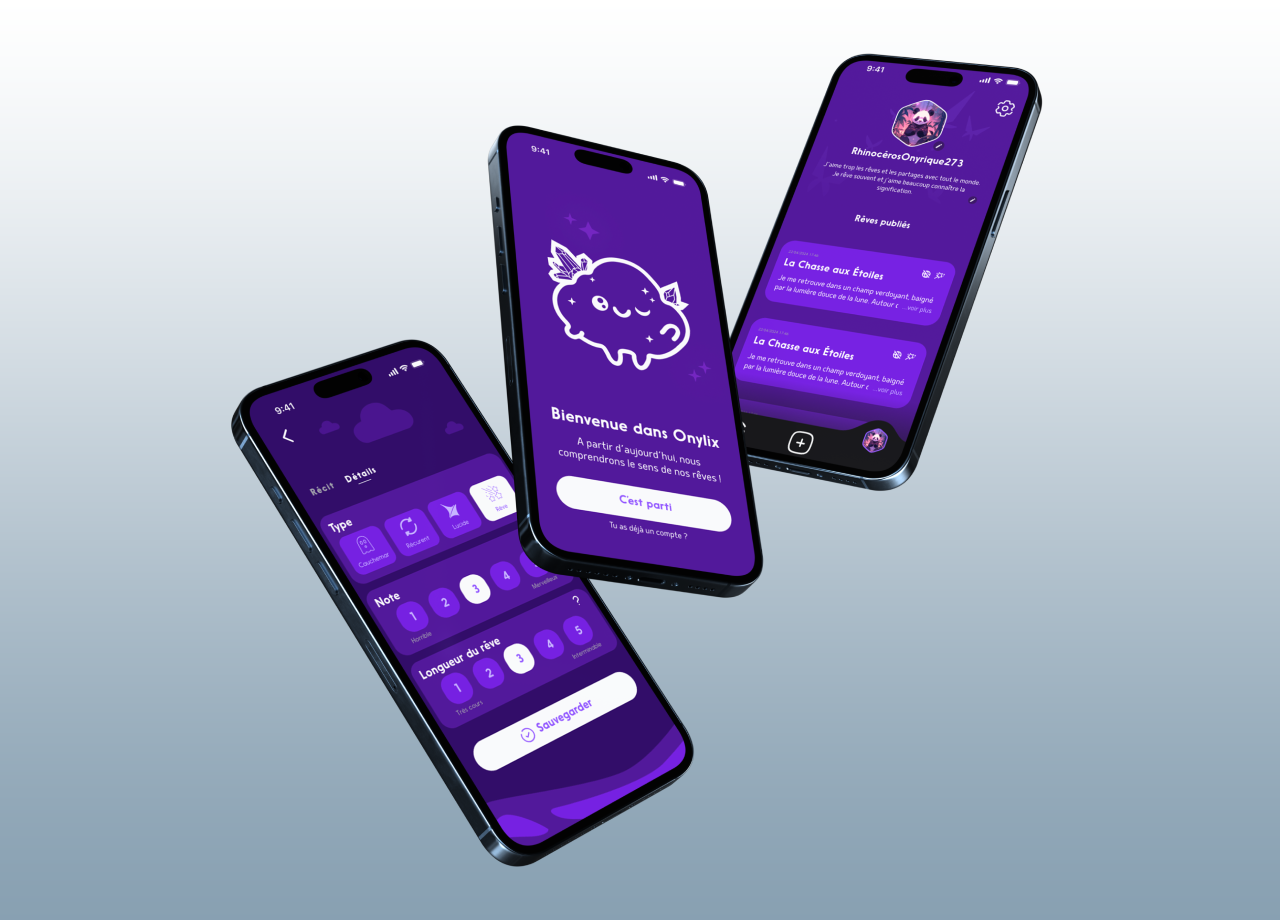 Trois écrans de l'application mobile Onyrix affichant l'interface utilisateur avec des éléments violets et des illustrations ludiques.