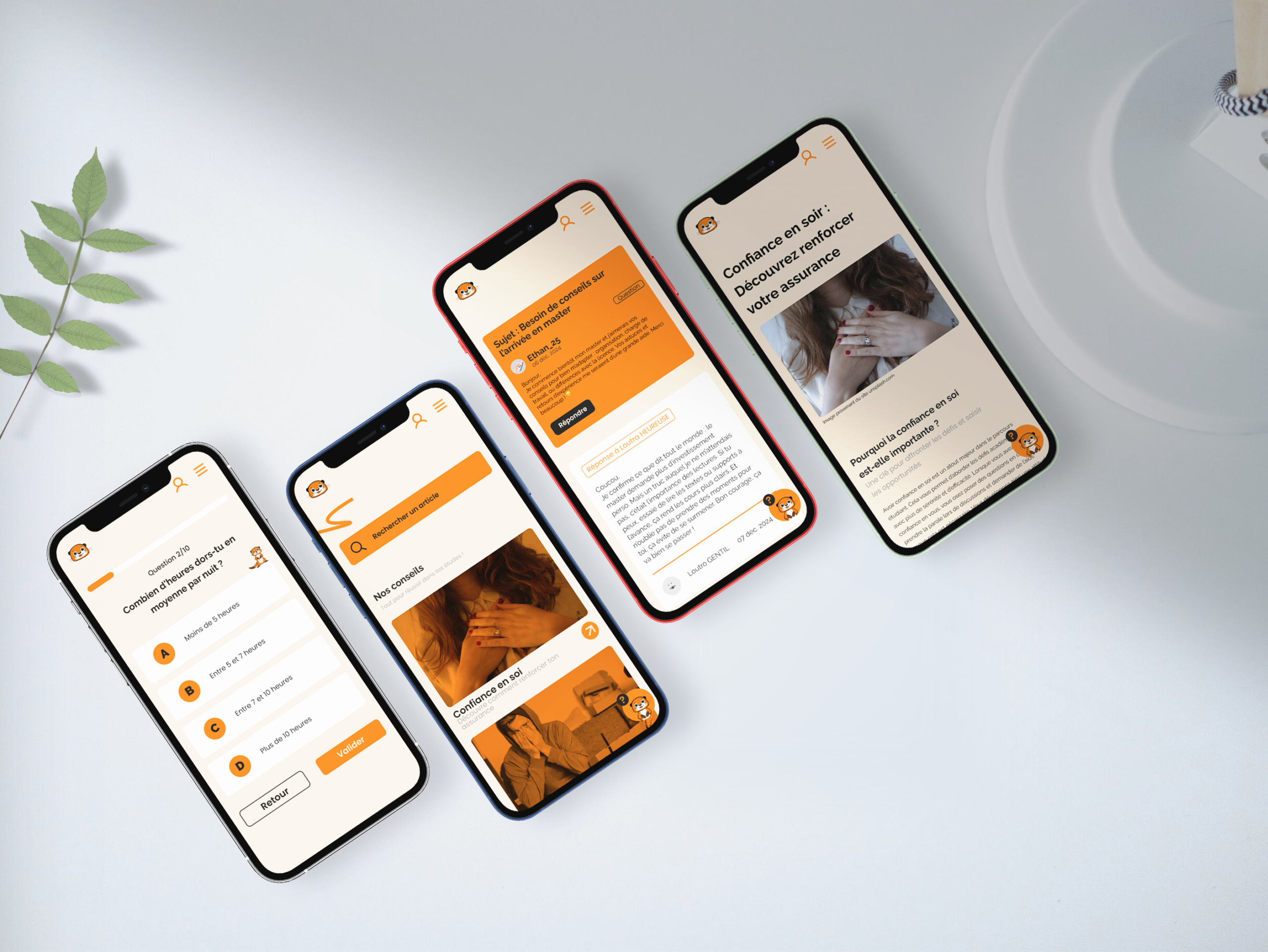 Mock-up de l’application mobile Aide à la Réussite affichée sur quatre smartphones, avec quiz, articles et espace de discussion pour accompagner les étudiants dans leur réussite.