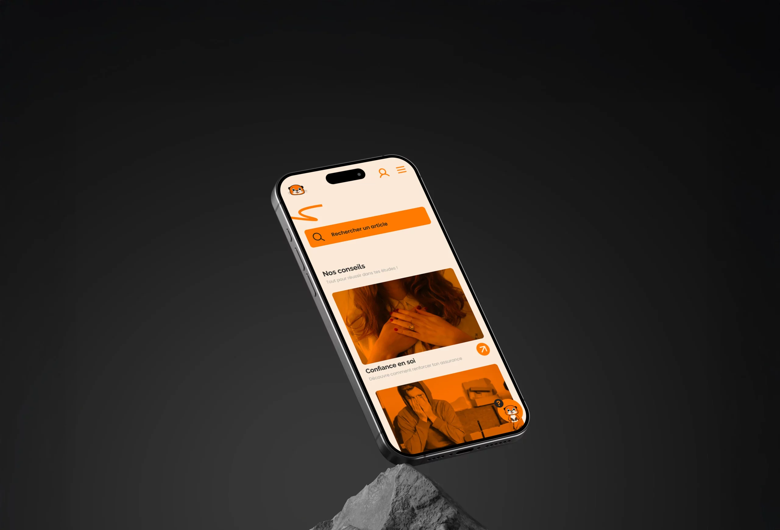 Smartphone affichant la maquette mobile d’une application proposant des conseils pour la réussite et la confiance en soi