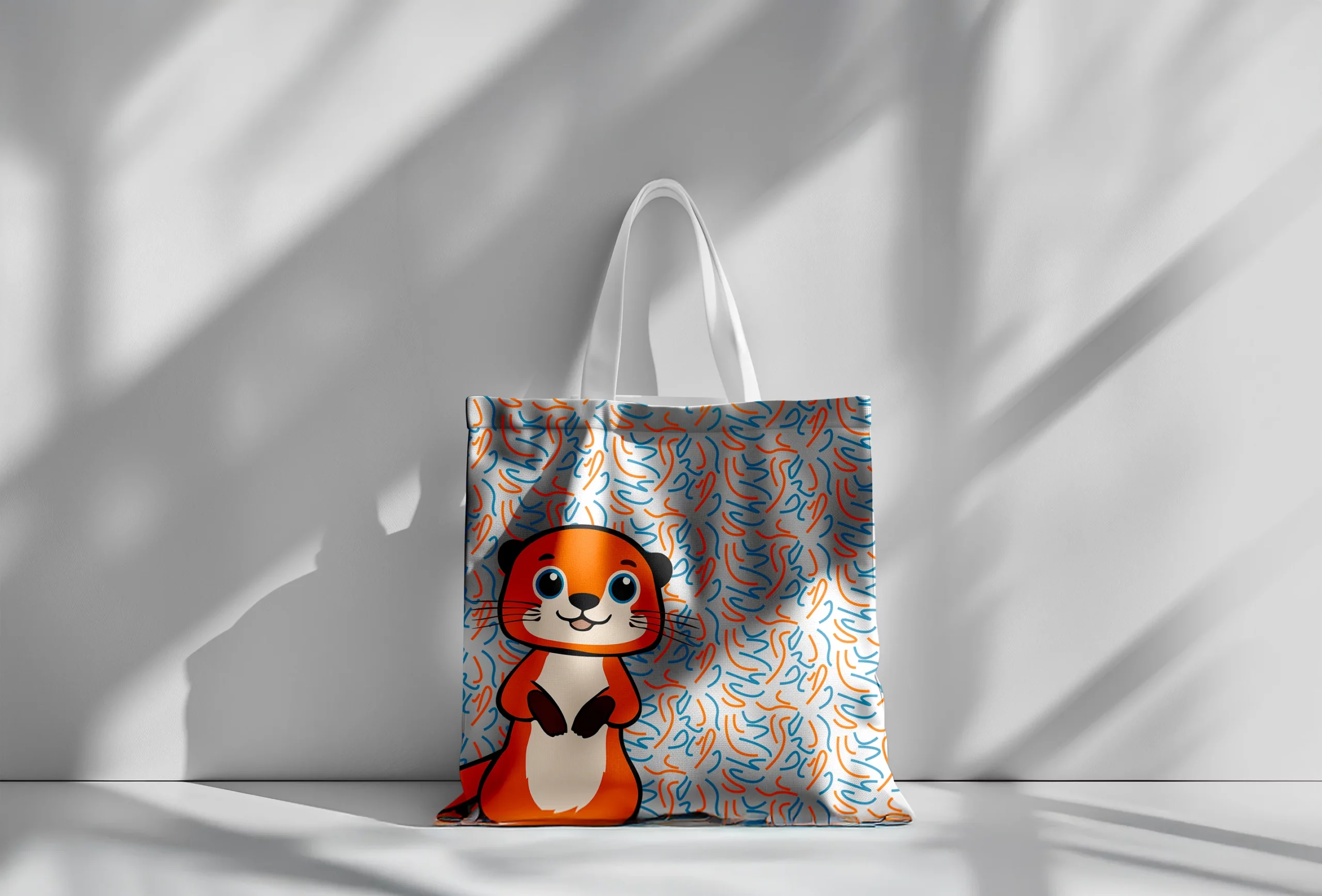 Tote bag illustré avec la mascotte du projet Aide à la réussite, sur fond graphique coloré