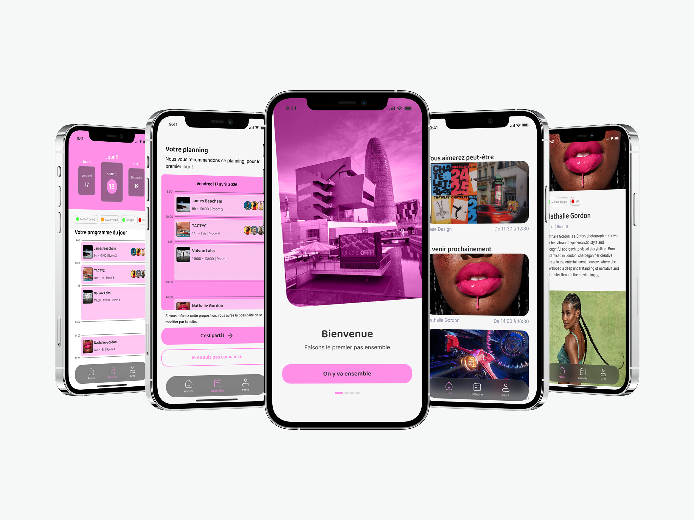 Maquettes d’une application mobile OFFF Festival présentant l’accueil, le planning, les conférences et les intervenants.