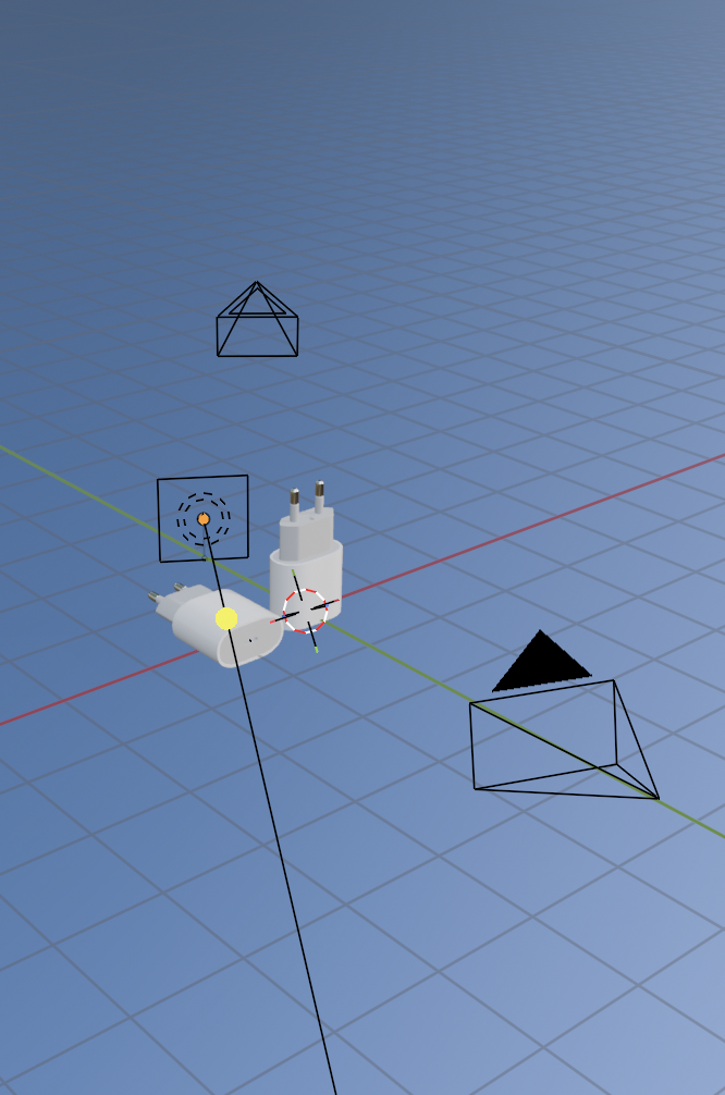 Chargeur secteur modélisé en 3D dans Blender, avec caméra et lumières visibles dans la scène de travail.