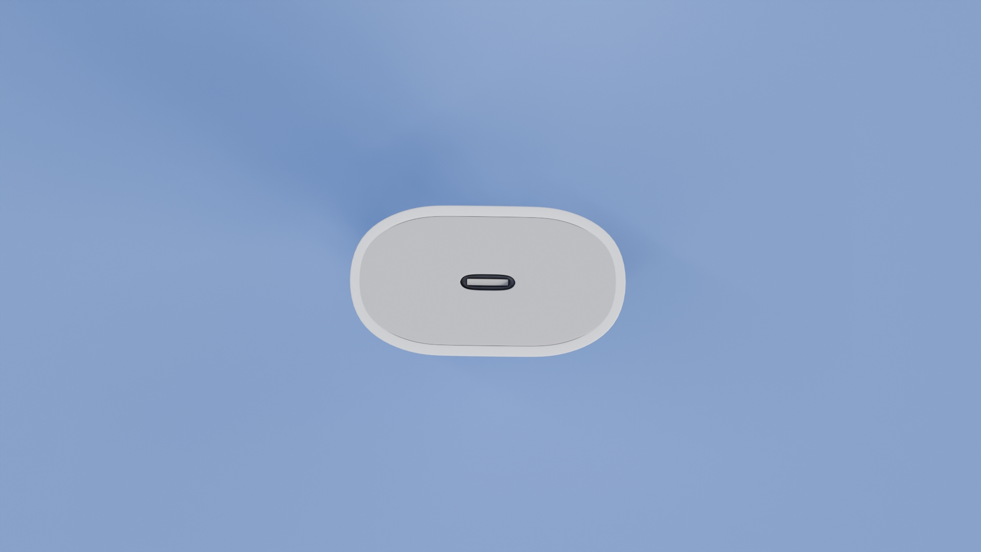 Vue de face d’un chargeur USB-C modélisé en 3D, présenté sur fond bleu avec un rendu propre et minimaliste.