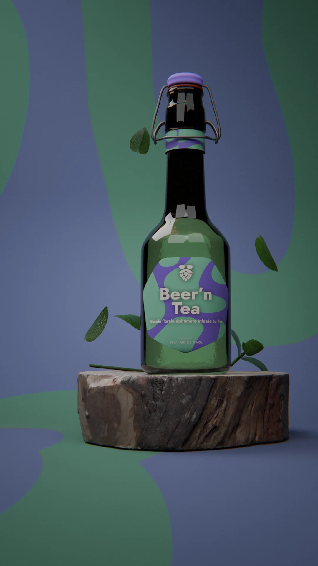 Bouteille de bière Beer’n Tea en rendu 3D, posée sur un socle en bois avec décor végétal et fond graphique